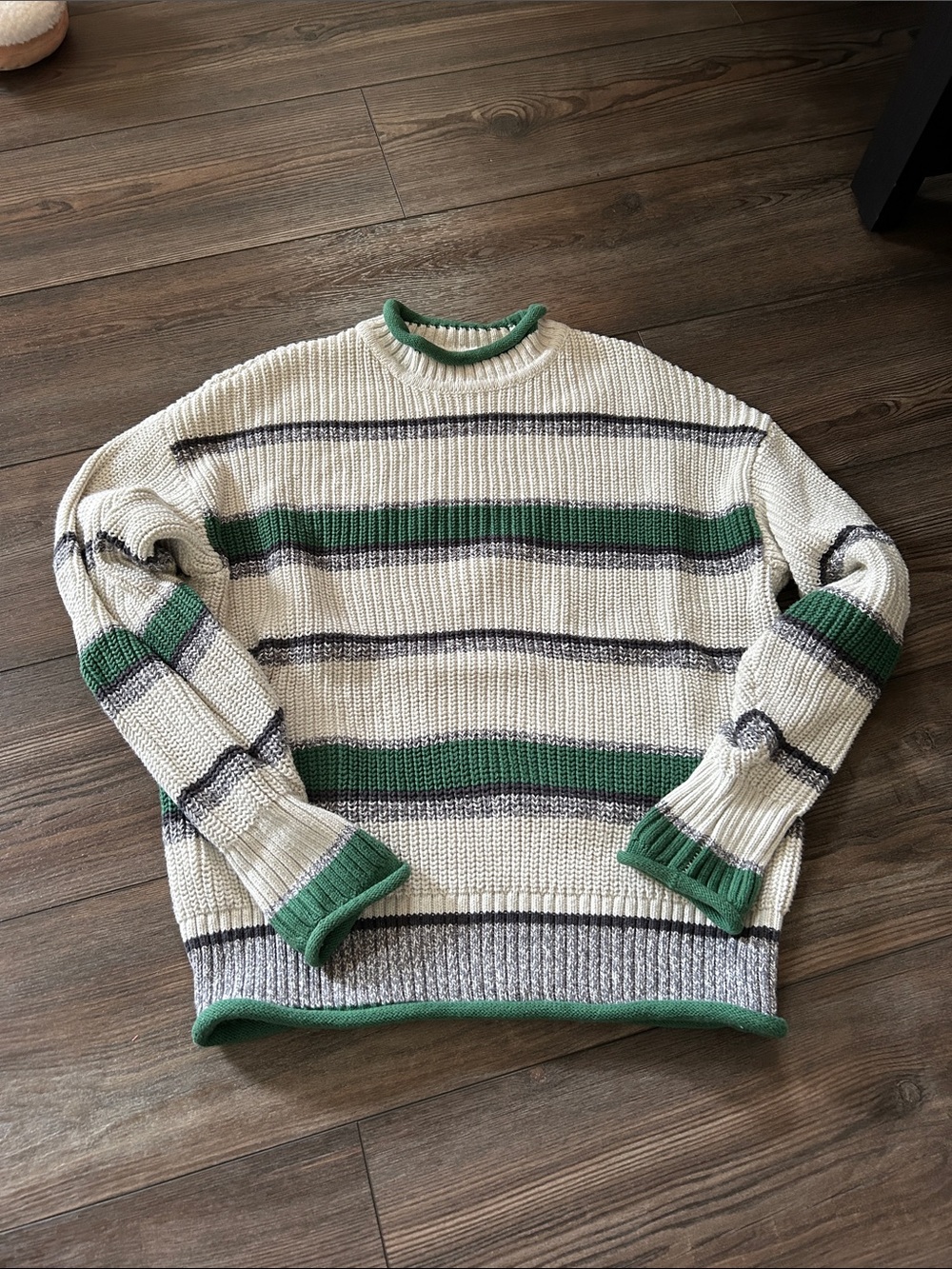 100% Cotton Striped Crewneck Sweater in Cream and Green